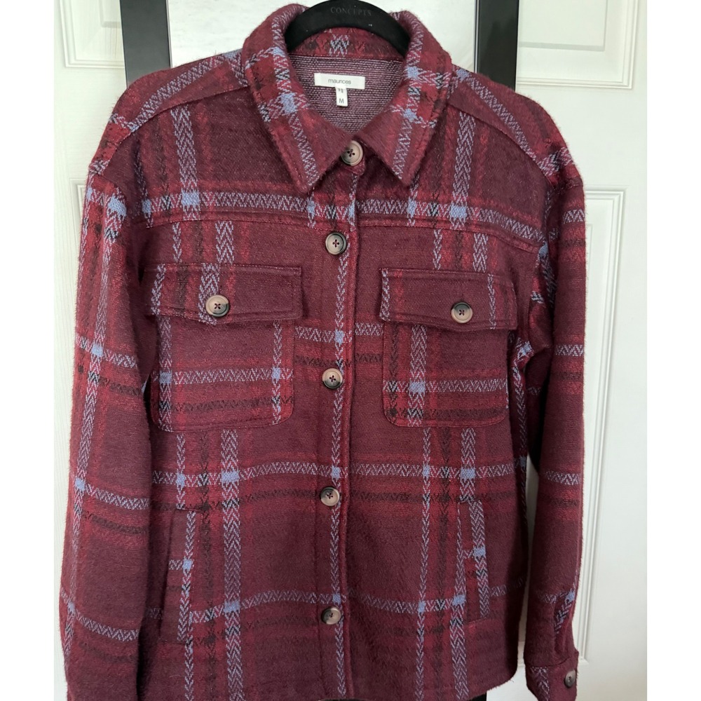 Maurices Womens Plaid Button Front Shacket Burgundy Blue Size M RN 51783